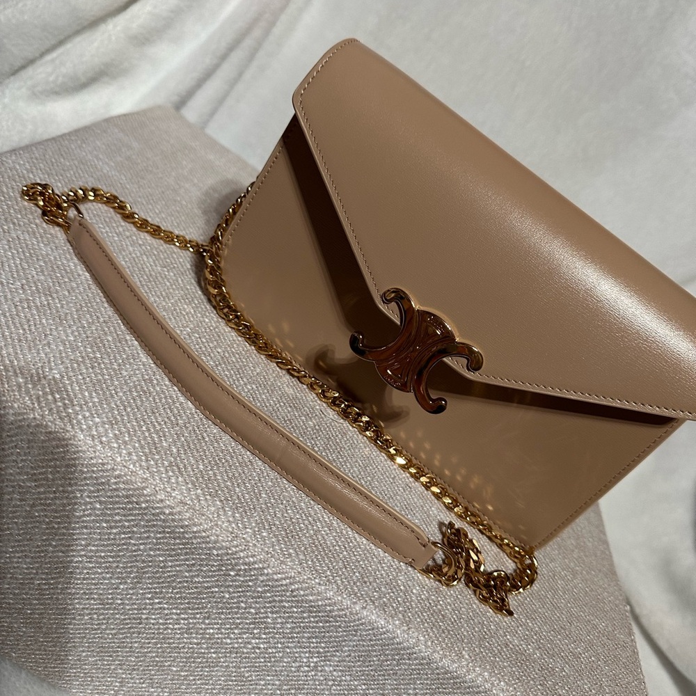 Celine Tan and Gold Crossbody Bag with Envelope Flap